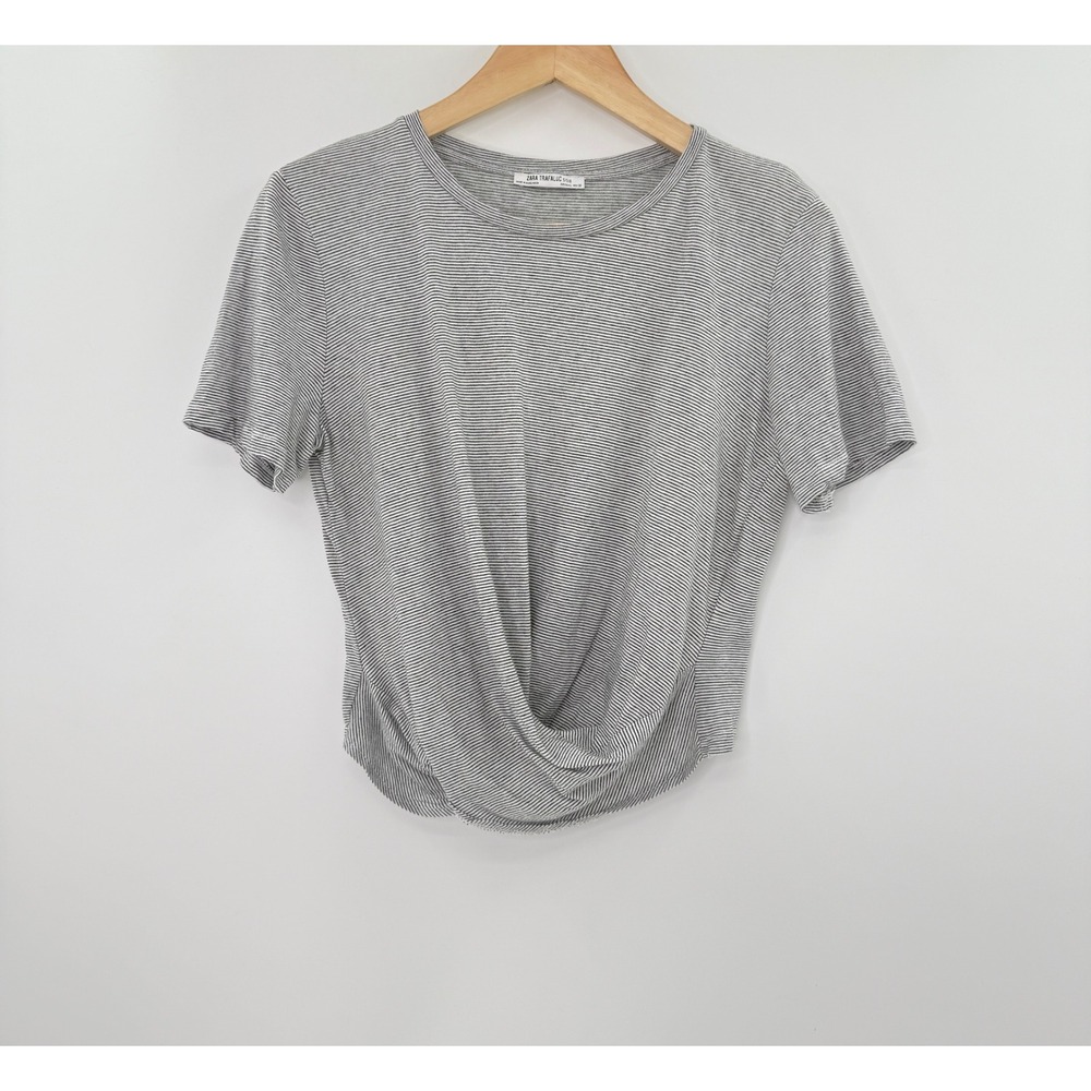 Zara Trafaluc Striped‎ Twist Front Tee Womens S/S Top Casual Gray Black